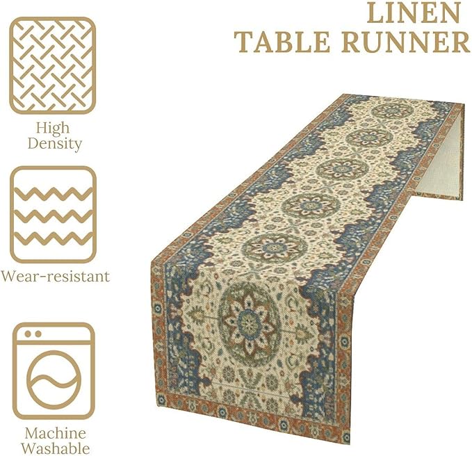 Boho Bohemian Table Tunner, Vintage Neutral Traditional Mandala Floral Blue Beige Medallion Table Runner for Kitchen Dining Outdoor Indoor Home Decor, 13x120 Inch