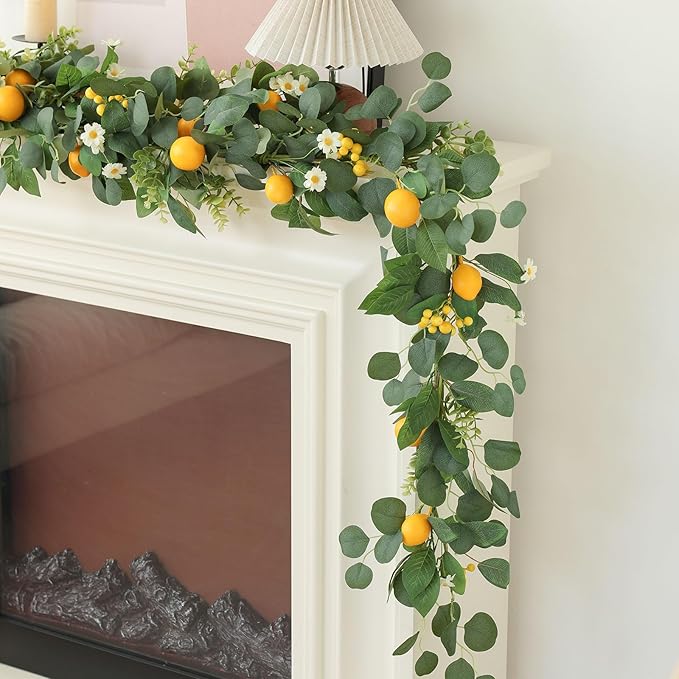 Mizii Artificial Lemon Garland 6FT Fake Fruit Lemons Garland with Green Eucalyptus Leaves Hanging Vines Greenery Decorations for Kitchen Table Centerpieces Room Wall Party Birthday Decor (Eucalyptus)