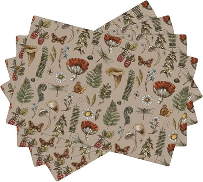 Mushroom Placemats Set of 4,Vintage Gothic Mushroom Fern Kitchen Place Mats Linen 12x18 Inch,Brown 4 PCS, Style-6