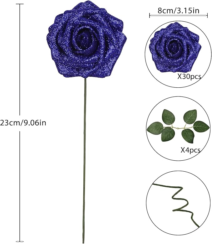 Roses Artificial Flowers 30PCS Fake Blue Roses 3.15" Glitter Roses Bouquet for DIY Wreath Wedding Christmas Home Party Decor(Royal Blue)