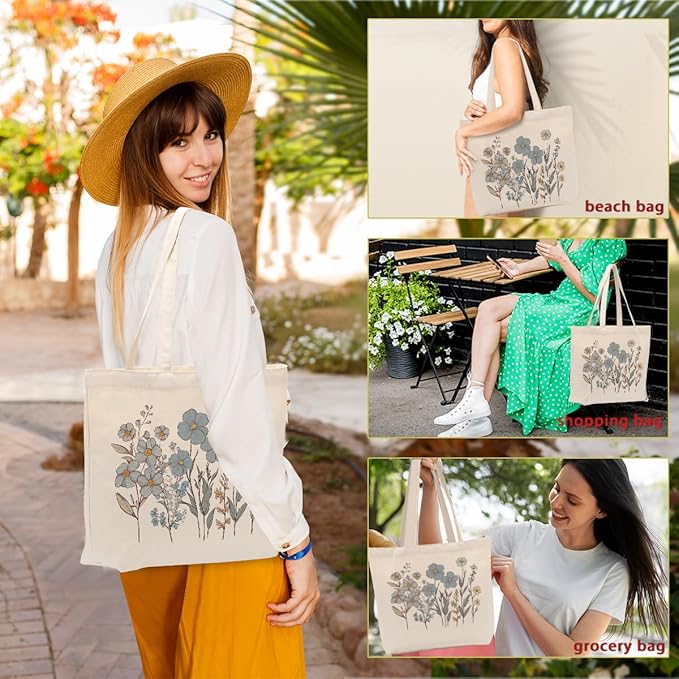 Aesthetic Floral Canvas Tote Bag for Women with Pocket, Tote Bags for Grocery Shopping Work Gym Christmas Birthday