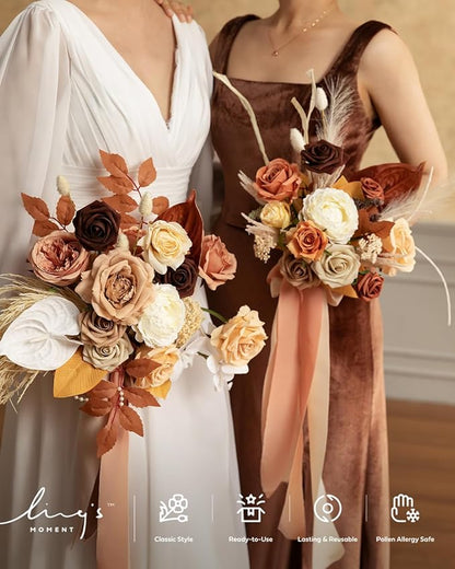 Ling's moment Artificial Flowers Boho Bridesmaid Bouquet Set of 4, Rust Wedding Flowers Bouquets for Bridesmaids, 7 Inch Bridal Bouquets for Bridesmaids, Wedding Decor, Ceremony, etc