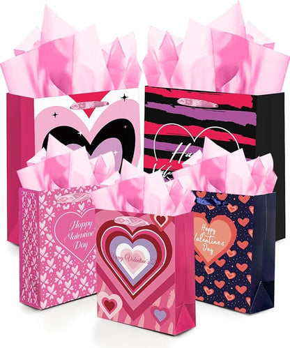 qiqee Valentine 5PCS Gift Bag with Tissue Paper Assorted Size Present Wrap Bags For Lover (3 PCS Medium Size+2 PCS Large Size)