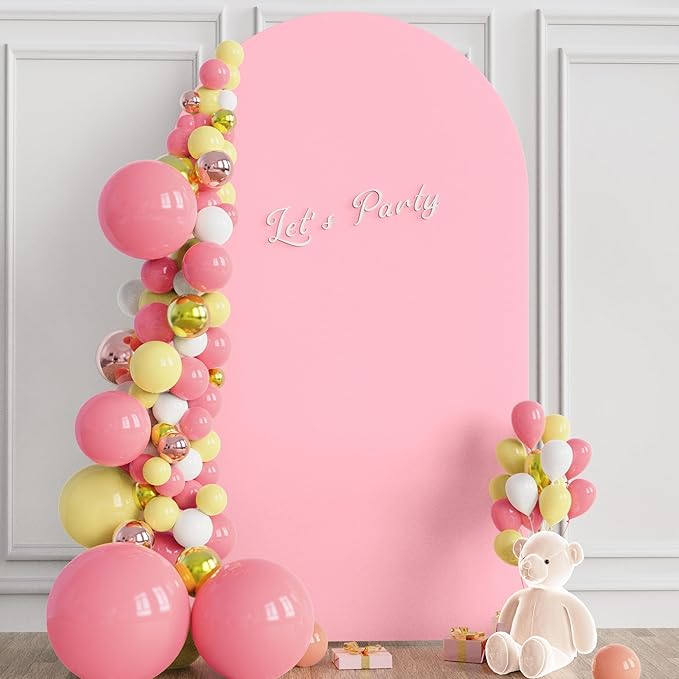 Wokceer Wedding Arch Cover 8FT Spandex Fitted Wedding Arch Stand Covers Round Top Chiara Arch Backdrop Cover for Birthday Party Ceremony Banquet Decoration Pink