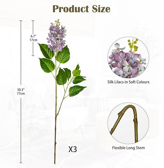 Artificial Lilac Flowers 30" Tall – Set of 3 Silk Lilac Flower Stems for Home Decor, Wedding Centerpieces, Faux Floral Arrangements – Light Purple Artificial Flowers for Vase, Spring & Farmhouse Décor