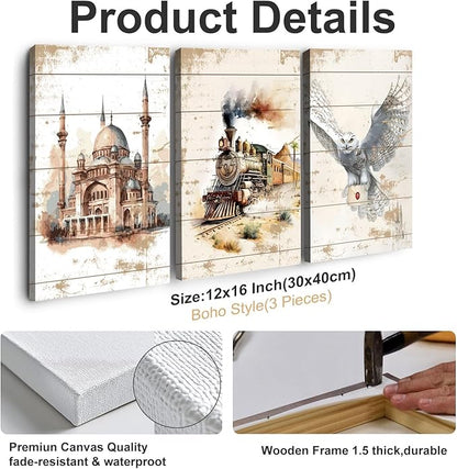 Magic Castle Canvas Wall Art Magic Express Train Snowy Owl Pictures Paintings Wall Decor Watercolor Magic Potter Nursery Posters Print Artwork for Kid Boy Bedroom Playroom Home Decoration 12x16 3pcs