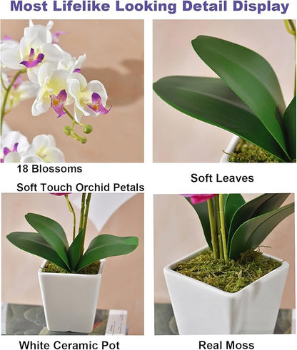 Faux Orchid in Vase Tall Artificial Orchid in Ceramic Vase Tall Silk Orchids with Stems Real Look Potted Fake Phalaenopsis Arrangement Centerpiece Table Decorations for Home Decor Indoor, White