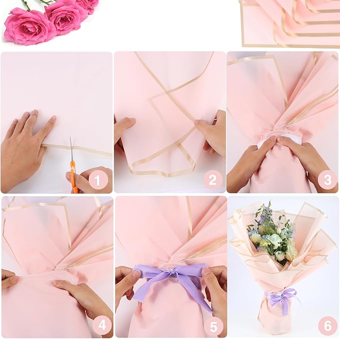 YIDATIKER 20 sheet Flower Wrapping Paper,waterproof floral wrapping paper for bouquets,DIY Florist Supplies Packaging Paper with satin ribbon for Wedding,Brithday,Valentine's Day(Pastel Pink