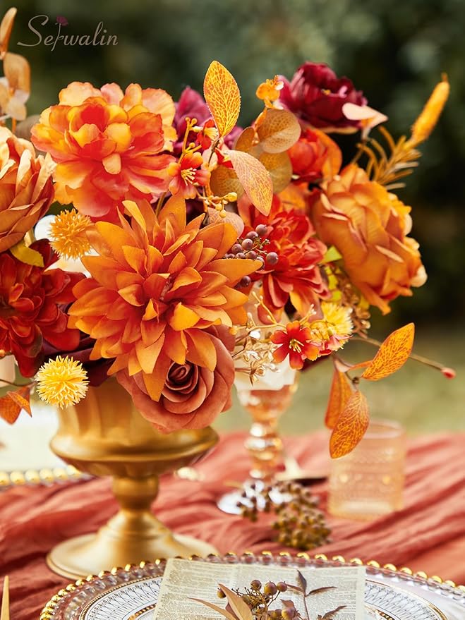 Serwalin Artificial Flowers Orange Burgundy Fall Fake Flowers for DIY Table Centerpieces for Wedding Bouquets Centerpieces Arrangements Silk Flowers Party Baby Shower Home Decorations
