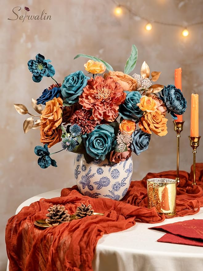 Serwalin Artificial Flowers, Teal Burnt Orange Silk Floral Centerpieces, Fake Flowers Bouquets Box Set for Wedding Bridal Baby Shower Party DIY Craft Home Cake Decoration