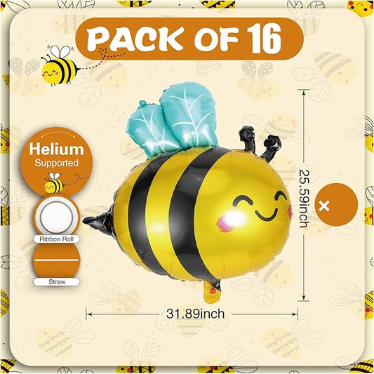 16 Pack Bee Balloons Smile Face Bee Foil Mylar Balloons For Baby Shower & Birthday Party & Bee Party Decorations Black Bee Honeycomb Theme Fall Balloon Arch Kit