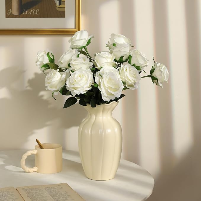 Nubry 24pcs Artificial Silk Roses Bulk,Fake Roses Flower with Stems Realistic Flowers for Wedding Centerpiece Home Party Decor(White)