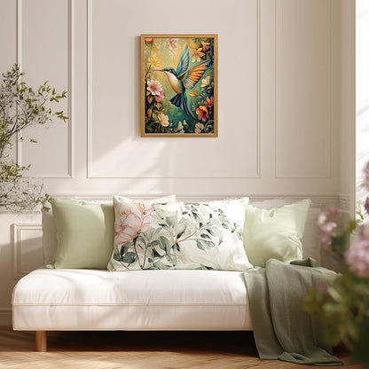 LLEEMPI William Morris Wall Art, Vintage Bird Floral Wall Decor, Hummingbird Flower Canvas Painting, Colorful Nature Botanical Aesthetic Picture for Living Room Bedroom Kid Room Wood Framed 16x24 inch