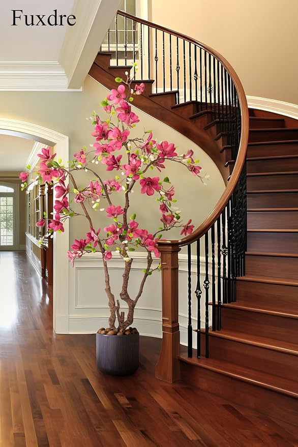 Faux Magnolia Tree 6.8 ft - with 57 Pcs Fuchsia Flowers - Tall Artificial Plants Indoor, Large Fake Plant Perfect Potted Magnolia Flower Decor for Living Room, Stairs, Shop, Porch, Study Room