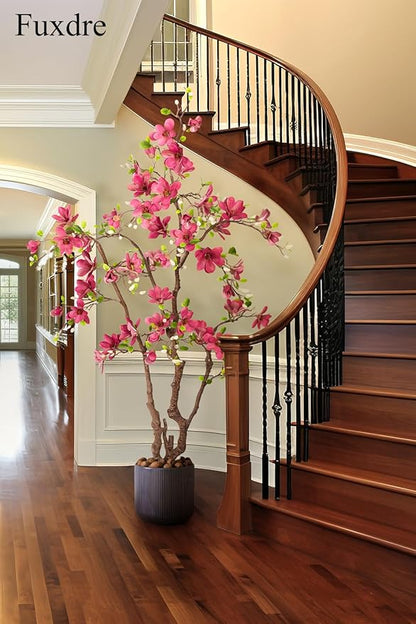 Faux Magnolia Tree 6.8 ft - with 57 Pcs Fuchsia Flowers - Tall Artificial Plants Indoor, Large Fake Plant Perfect Potted Magnolia Flower Decor for Living Room, Stairs, Shop, Porch, Study Room