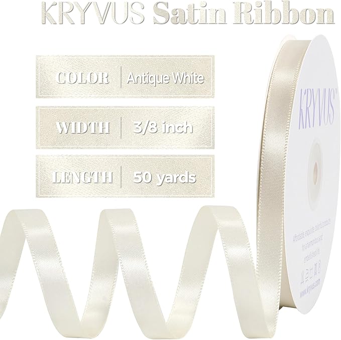 Antique White Satin Ribbon, Double Faced 3/8 Inch X 50 Yards Antique White Ribbon, Premium Satin Ribbon for Gift Wrapping, Crafts, Hair Bow Making, Sewing, Flower Bouquet, Wedding Party Decor