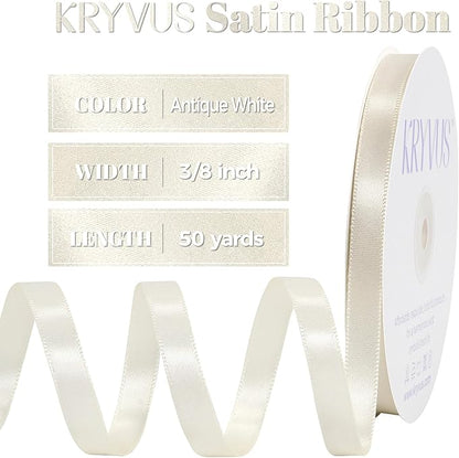 Antique White Satin Ribbon, Double Faced 3/8 Inch X 50 Yards Antique White Ribbon, Premium Satin Ribbon for Gift Wrapping, Crafts, Hair Bow Making, Sewing, Flower Bouquet, Wedding Party Decor