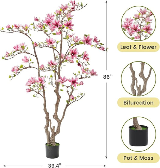 Artificial Magnolia Tree, 6.8FT Tall Fake Indoor Tree, Realistic Real Touch Leaves and Flowers, Perfect for Home Decor, Living Room, Wedding, and Hotel Decor (Pink)