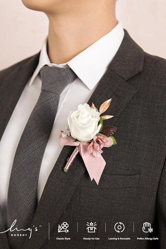 Ling's moment Boutonniere for Men, 6pcs Groom Groomsmen Boutonniere, Artificial Flowers for Wedding Decor/Prom/Homecoming, etc.Dusty Rose Mauve
