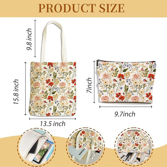 Flower Plant Lover Gifts for Women Canvas Tote Bag with Makeup Bag Cosmetic Bags Grocery Bags for Shopping Christmas