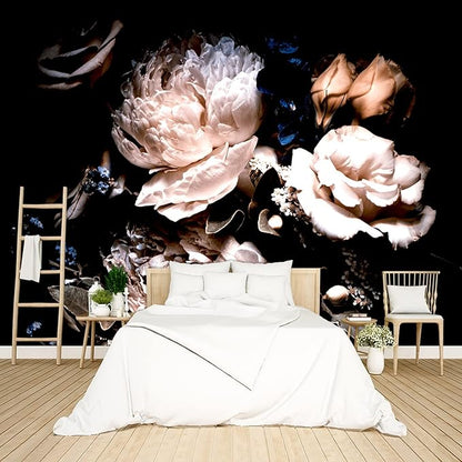 Black Peony Floral Wallpaper Bedroom Pink Botanical Flowers Leaf murals Living Room tv Background Large Wall Mural Aesthetic Room Decor - 160"x108" Not Peel and Stick