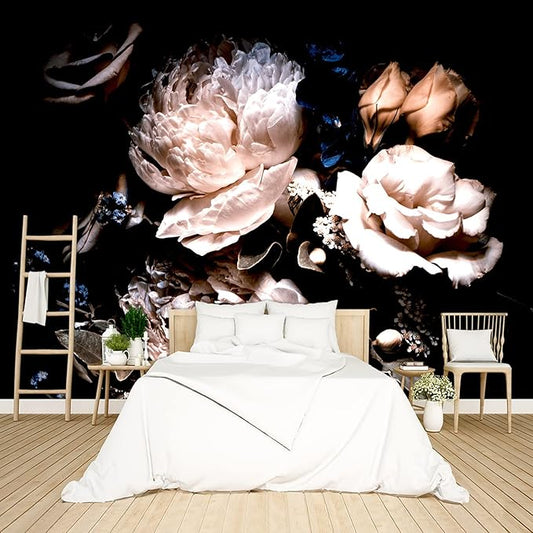 Black Peony Floral Wallpaper Bedroom Pink Botanical Flowers Leaf murals Living Room tv Background Large Wall Mural Aesthetic Room Decor - 137"x96" Not Peel and Stick