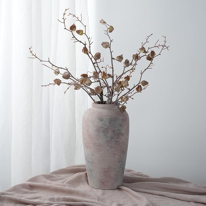 Large Rustic Ceramic Vase, 11 Inch Farmhouse Decorative Vases for Home Decor, Vintage Tall Flower Vase for Dining Table Centerpiece Living Room Kitchen Fireplace Mantle Bookshelf, Wabi Sabi Decoration