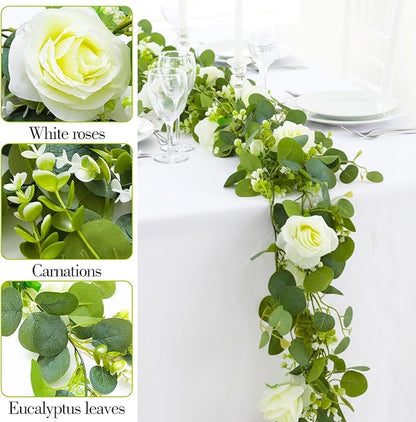 3 Pcs Total 18Ft Artificial Eucalyptus Flower Garland, Faux Eucalyptus Garland with White Roses Fake Flowers Vines for Centerpiece, Wedding, Party, Table, Background, Arch, Indoor Outdoor Decor