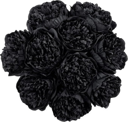 U'Artlines 10 Heads Artificial Peony Silk Flower Leaf Home Office Wedding Party Festival Bar Decor (Black)