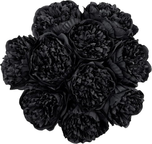 U'Artlines 10 Heads Artificial Peony Silk Flower Leaf Home Office Wedding Party Festival Bar Decor (Black)