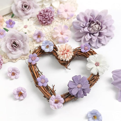 Fake Flower Heads Mini Artificial Flower Purple Faux Dahlia Rose Flowers for Crafts Cake Blossom Wreath Garland Bouquets for Wedding Bridal Party Baby Shower Graduation Season Home Decor