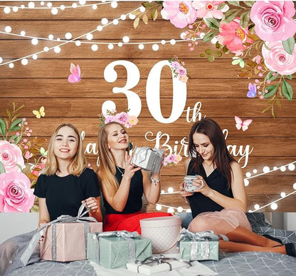Happy 30th Birthday Decorations for Her Rustic Wooden Happy 30th Birthday Banner Backdrop Pink Floral 30 Years Old Party Decoration Photography Banner Supplies 7x5Ft