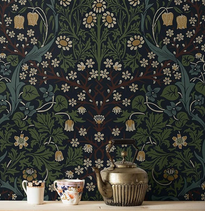 NextWall Seabrook Designs Victorian Garden Floral Vintage Prepasted Wallpaper (Midnight Blue & Evergreen)