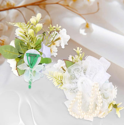 Wrist Corsage and Boutonniere Set, Artificial Rose Corsage Wristlet and Boutonniere for Wedding Prom Party (White, 2pcs)