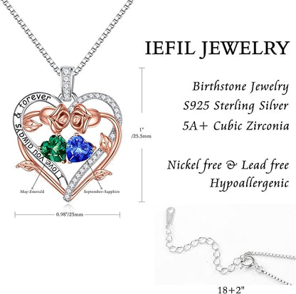 Iefil Rose Heart Double Birthstone Necklace Gifts for Wife Her Mom Women, Birthstone Jewelry Gemstone Birthday Gifts for Girlfriend Grandma Her Wife Women