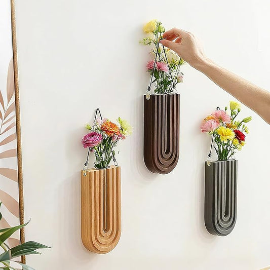 Wall Mounted Wooden Propagation Station Set of 3 - Boho Hanging Indoor Wall Planter Vases for Plants & Flowers, Handmade Rainbow Decor for Living Room, Entryway, or Home Gallery Display