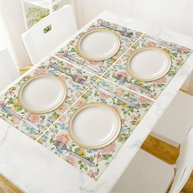 Colorful Floral Placemats Set of 4, 17x12 Inch Watercolor Spring Botanical Aesthetic Wildflower Nature Rustic Art Printed Table Mats for Home Party Kitchen Dining Decor