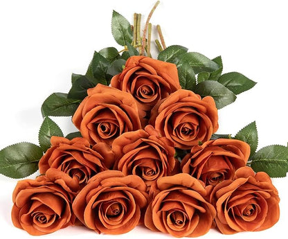 DuHouse 10pcs Silk Roses Artificial Flowers Fake Rose for Arrangement Wedding Party Home Decoration (Burnt Orange)