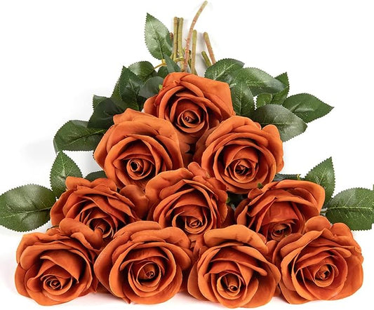 DuHouse 10pcs Silk Roses Artificial Flowers Fake Rose for Arrangement Wedding Party Home Decoration (Burnt Orange)