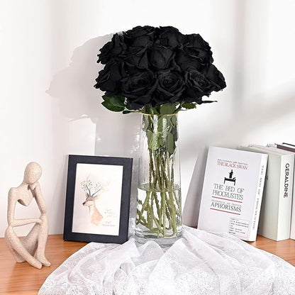 Waipfaru 16 Pcs Artificial Flowers Fake Silk Black Roses Bulk, Faux Real Touch Roses Bouquet with Long Stem for Wedding Party Home Decor (Black)