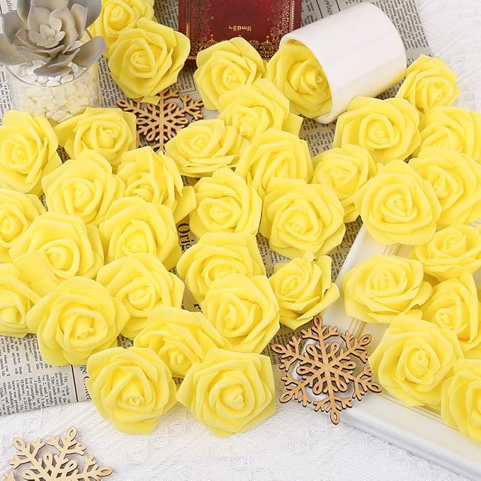 Artificial Rose Flower Heads, 100pcs Yellow Roses Artificial Flower Foam Rose for DIY Wedding Bouquets Centerpieces Arrangements Party Baby Shower Home Decor (Stemless, Yellow)