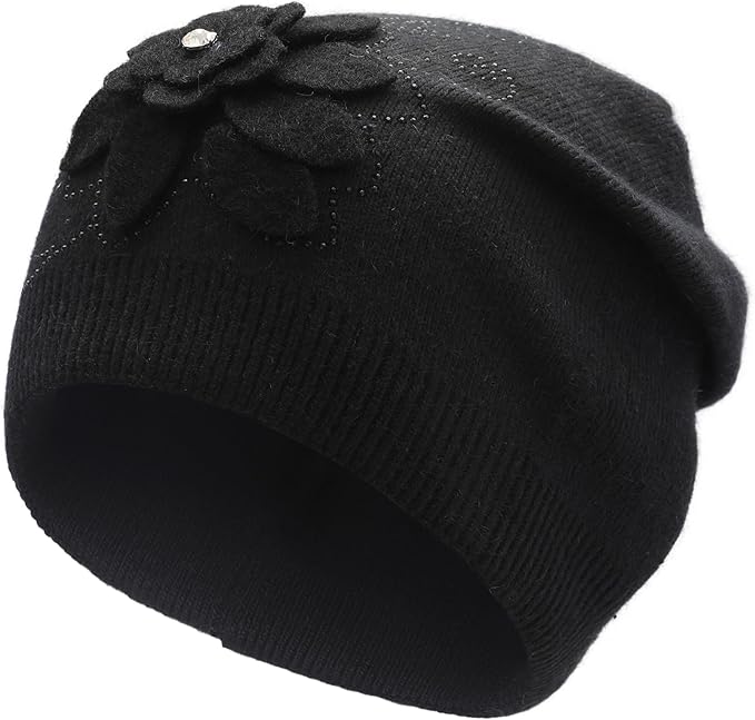 ZLYC Women Floral Slouchy Beanie Hat Double Layer Winter Knit Skull Cap