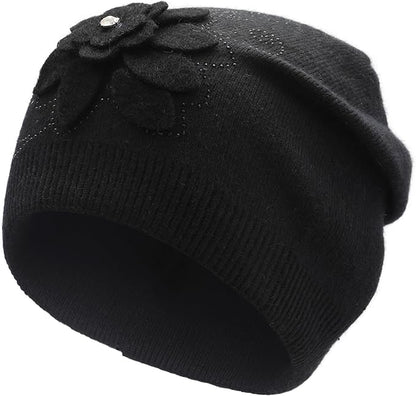 ZLYC Women Floral Slouchy Beanie Hat Double Layer Winter Knit Skull Cap