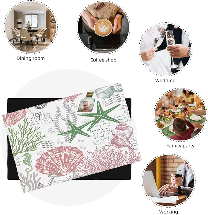 Summer Ocean Placemats Set of 4,Nautical Coastal Pink Green Starfish Seashell Coral Theme Linen Table Mats for Home Kitchen Dining Party Decor 6 PCS