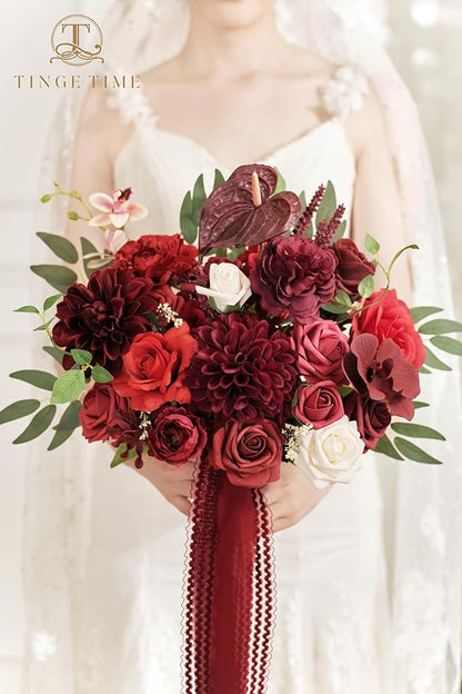TINGE TIME 11 Inch Wedding Bouquets for Bride, Burgundy Artificial Flowers Bouquet, Brides & Bridesmaids Bouquet Tossing Bouquet for Wedding Anniversary Ceremony Bridal Shower Decorations