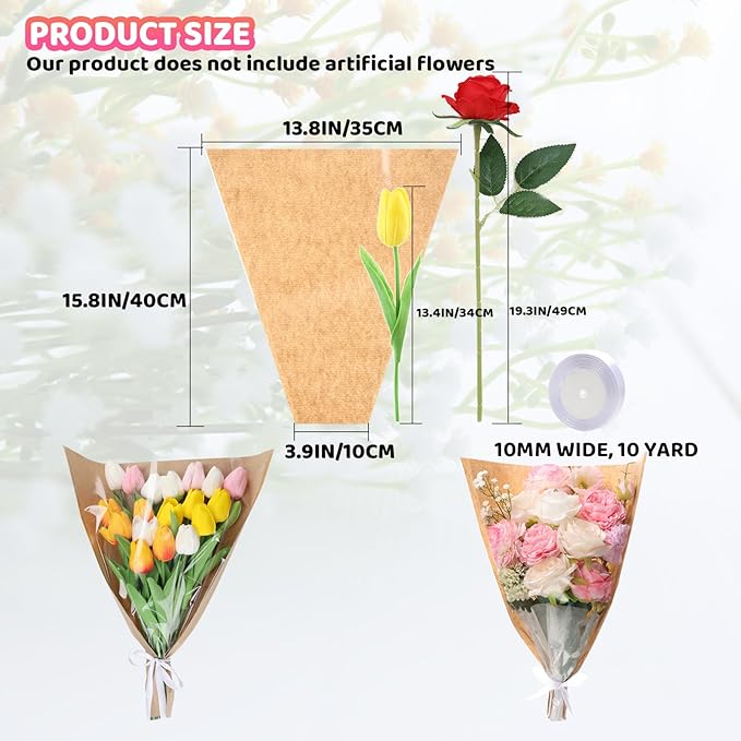 HSONAIGEE 50 Pieces Flower Bouquet Wrapping Paper, 15.8 x 13.8 x 3.9 Inch Flower Bags for Bouquets Kraft Floral Wrap Sleeves with Ribbons for Home Mother’s Day Wedding Flower Bar Supplies