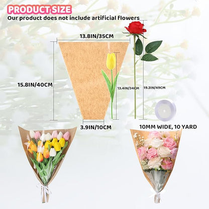 HSONAIGEE 50 Pieces Flower Bouquet Wrapping Paper, 15.8 x 13.8 x 3.9 Inch Flower Bags for Bouquets Kraft Floral Wrap Sleeves with Ribbons for Home Mother’s Day Wedding Flower Bar Supplies
