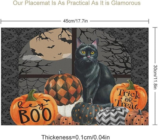 Boo Black Cat Pumpkins Halloween Placemats Gothic Dark Damask Bat Spider Web Dark Forest Funny Pumpkin Placemats Table Kitchen Dining Party 12x18 Inch Set of 6