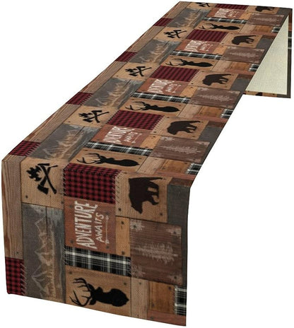 Rustic Cabin Moose Deer Bear Table Runner, Retro Bear Cottage Country Style Cabin Farmhouse Dinner Runner for Home Kitchen Dining Table Decoration 13"x90"