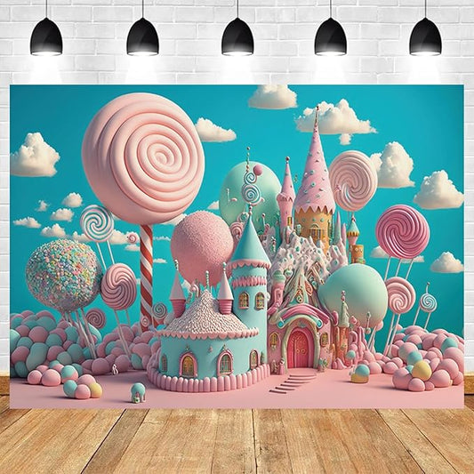 12x8ft Candyland Backdrop Sweet Candy Castle Photography Background Fantasy Lollipop Blue Sky White Cloud Cartoon Kids Birthday Banner Decorations Baby Shower Portrait Photo Booth Prop